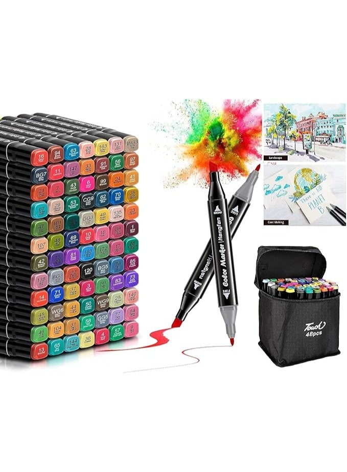 تاتش مجموعة أقلام رسم فنية مكونة من 48 لون بأطراف مزدوجة: نمط أزميل رفيع وعريض، لوازم فنية للتلوين والرسم مع حافظة أقلام - Image 1